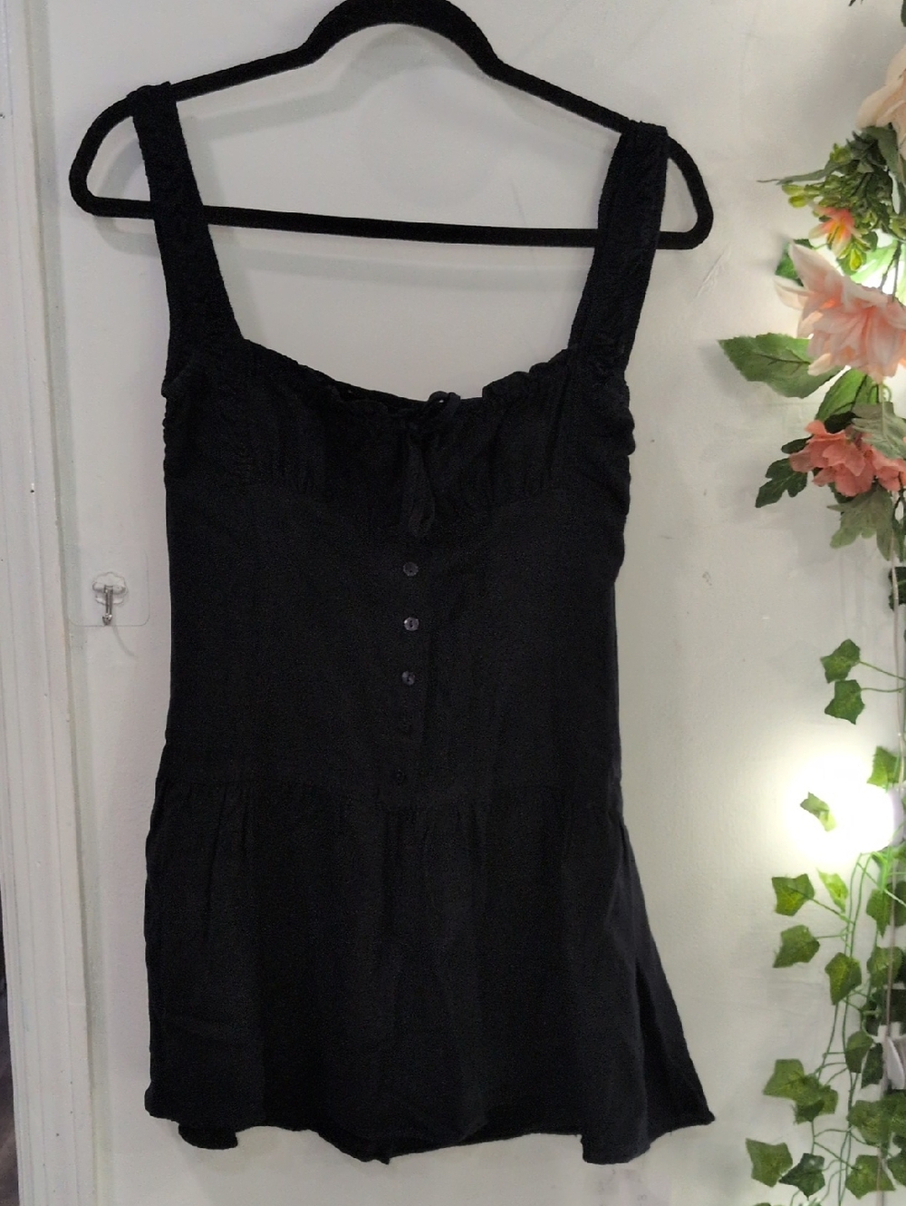 LIONESS Black Square Neck Ruched Strap Mini Dress (M)